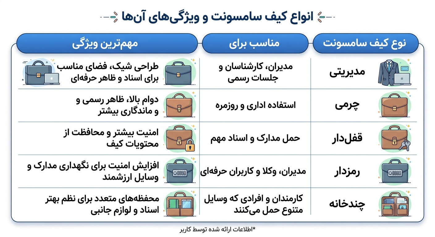 جدول انواع کیف سامسونت